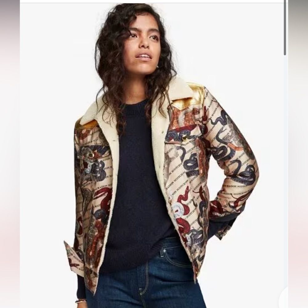 Scotch & Soda Womens Snake Art Bomber Jacket Buttons Pockets Quilted Sherpa XS